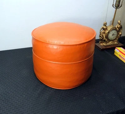 Vintage Mid Century Modern Burnt Orange Round Vinyl Hassock Ottoman Footstool - Image 1 of 4