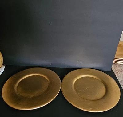 Vintage 2pc Lot Heavy Pottery Pier 1 Imports Gold leaf Charger Plates Set 13" - Image 1 of 4