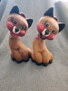 Pair MCM Hand carved Wooden Vintage Cat Kitten Kitty Figurine Wood - Picture 1 of 9