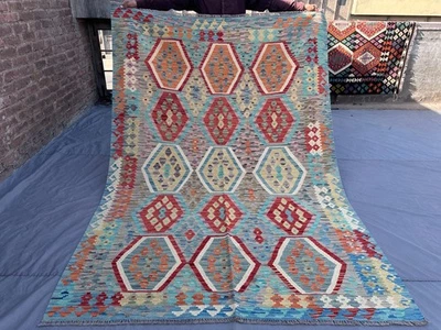 Alfombra Kilim tejida a mano afgana, patrón hexágono geométrico, alfombra moderna vibrante Foto 1 de 4