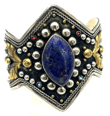 Tribal Afghan Cuff Bracelet w/ Blue Lapis Stone – 60g, 71.8mm Wide, Handmade - Image 1 of 4
