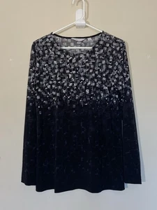 Camicia blusa Susan Graver QVC nera argento metallizzata geometrica elasticizzata piccola - Foto 1 di 7