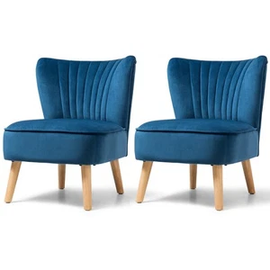 Pcs Of 2 Armless Accent Chair Velvet Leisure Chair Single Sofa Upholstered Blue - Picture 1 of 6
