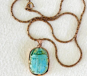 Vintage 1930's Aqua Faience Scarab Pendant Egyptian Revival Necklace - Picture 1 of 12