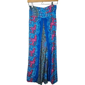 Blue Pink Rayon Printed Palazzo Pants S Wrap Wide Leg Smocking Elephant Boho - Picture 1 of 6