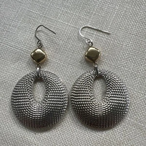 RCI 14K Gold 925 Sterling TURKEY Modernist Signed Artisan Drop Hoop Earrings - Picture 1 of 3