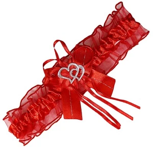 Braut-Strumpfband mit Silbernaht 2 Herzchen und Schleifen in rot S- XXL EU - Bild 1 von 1
