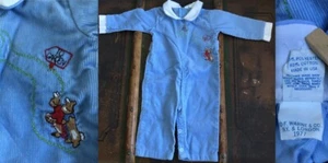 VTG 70s BEATRIX POTTER RABBITS EMBROIDERY BLUE COTTON CORDUROY 1-PIECE BABY 3-6M - Picture 1 of 9