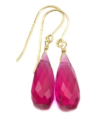 Pendientes largos fucsia lágrimas fucsia zafiro rosa simulado oro de ley 14k Foto 1 de 4