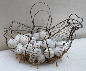 Vintage Wire Chicken Egg Gathering Basket with Plastic Eggs - Picture 1 of 2