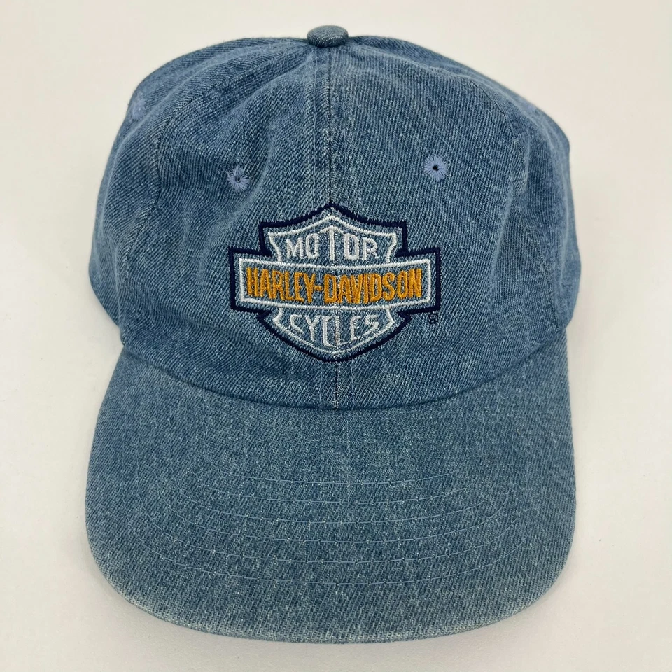 Harley-Davidson Denim Strapback Hat Adult One Size Blue Vtg 90s Biker - Image 1 of 4