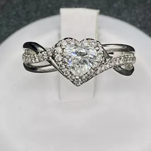 14k White Gold Over 1.50 Ct Heart Cut VVS1 Diamond Halo Engagement Ring Size J-T - Picture 1 of 9