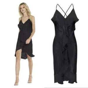 Misa Los Angeles Ele Black Hammered Satin Ruffle Sleeveless Slip Dress M - Picture 1 of 8