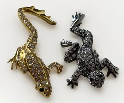 批量 2 件 复古 施华洛世奇 青蛙 胸针 金色 银色 水钻 铺子 天鹅标志 — 第 1/4 张图片