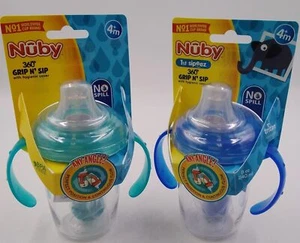 Lot of 2 Nuby No-Spill 360 Weighted Straw GripN’Sip Cup Blue & Green New - Picture 1 of 4