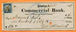 Brooklyn, NY, banco comercial, cheque estampado de ingresos 1871 a Barnard Reid - Imagen 1 de 3