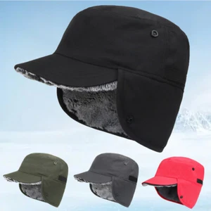 Winter Hat with Brim Earflap Fitted Hat Faux Fur Baseball Cap for Men Women - Picture 1 of 21