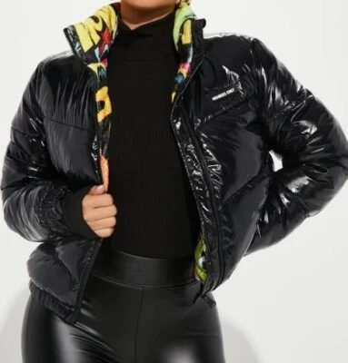 Members Only X Nickelodeon  Rugrats Black High Shine Puffer Jacket Size Medium - Image 1 of 4