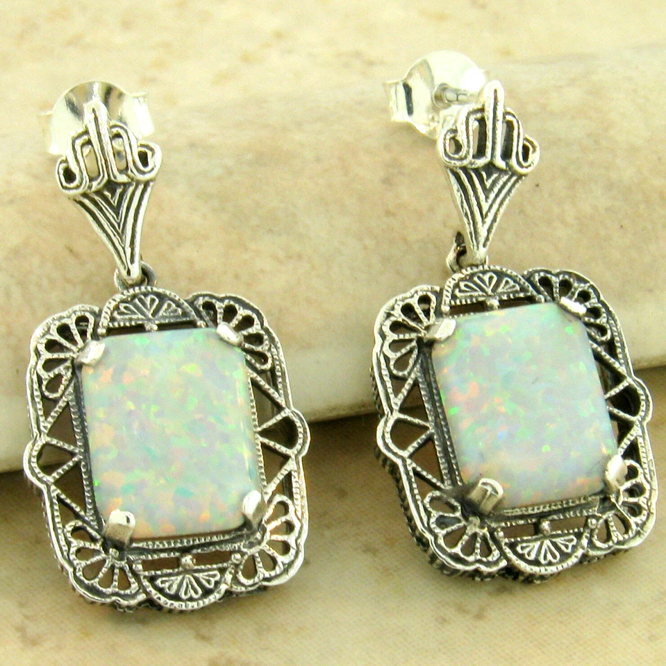 ANTIQUE STYLE 925 STERLING SILVER LAB-CREATED OPAL FILIGREE EARRINGS        947X - Image 1 of 1