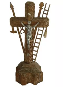 Tramp Art Crucifix Religious Cross Folk Art Handmade Wooden Tools of Passion 17" - Picture 1 of 9