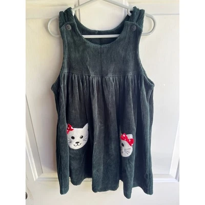 De Colección Niñas Verde Pana Jersey Vestido Gatito Vacaciones Apliques Bolsillos Vestido Talla 4 Foto 1 de 4