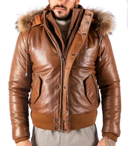 Men's Real Lambskin Leather Jacket Removable Fur Hood Brown Bomber Winter Jacket - Picture 1 of 7
