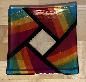 Chris Paulson signierter quadratischer Wandbildteller aus verschmolzenem Glas gestreift gold rot 9,25 Zoll - Bild 1 von 6