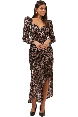 ASTR The Label Dark Floral Puff Sleeves Burntout Velvet Ruched Midi Dress Sz L - Image 1 of 4