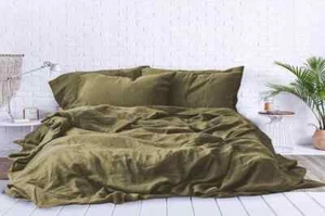 Olive Green Linen duvet Comforter Cover Dorm duvet boho bedding set with pillow - Picture 1 of 3