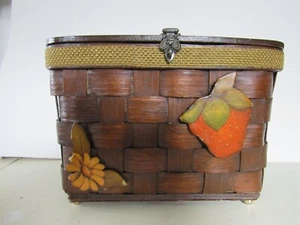 Woven wood slat notions make-up sewing basket vintage - Picture 1 of 15