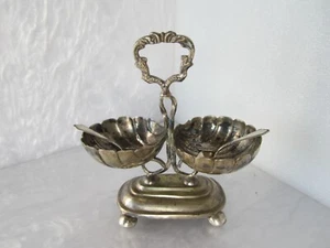ANTIQUE 1800s SOLID 835 SILVER SHELL-FORM DOUBLE DISH OPEN SALT CELLAR w/ SPOONS - Picture 1 of 19