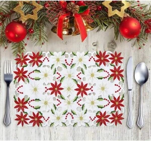 6pcs Christmas Placemats 12*17 Inch Poinsettia and Holly Embroidered Placemats - Picture 1 of 22