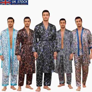 UK Mens Satin Silk Kimono Robe Pants Set Bathrobe Floral Dressing Gown Nightwear - Picture 1 of 32