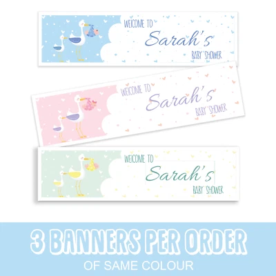 3x Estandarte de Baby Shower Cigüeña Personalizado Niño, Niña, Unisex, Rosa, Azul, Verde Foto 1 de 2