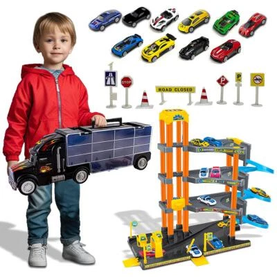 Kids 4 Storey Parking Garage with Spiral Ramps & Container Truck Play Set Game - Image 1 of 4