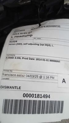 Used Left Headlight Assembly fits: 2014 Audi Q7 xenon HID self adjusting opt 8Q3 - Image 1 of 4