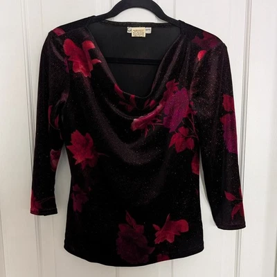 VTG Dressbarn Sparkly Velvet Top SMALL Whimsigoth Vamp Holidays Cowl Neck Roses - Image 1 of 4