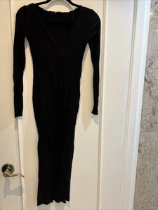 Ladies Black Zara Knit Dress V Neck Slit Size Small - Picture 1 of 8
