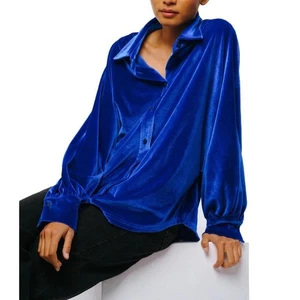 Ciebon Amira Oversized Button Down Velvet Velour Royal Flue Blue Blouse Medium - Picture 1 of 12