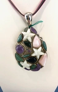 Vintage Women 925 Sterling Natural Hard Stones Silver Brooch Pendant Necklace 45cm. - Picture 1 of 5