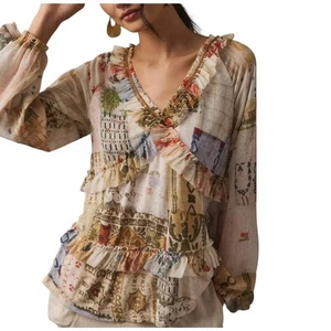 TINY Anthro Ruffle Babydoll Top Womens Shirt SIZE XXS Boho Patchwork Blouse L/S - Picture 1 of 11