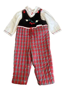 Christmas Romper VTG 18 Month Girls Embroidered Folk Tartan Red Black Set Pants - Imagen 1 de 6