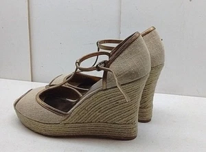Saks Fifth Avenue Women's Brown Fabric Strap Wedge Espadrilles Sandals Shoes 10M - Picture 1 of 9