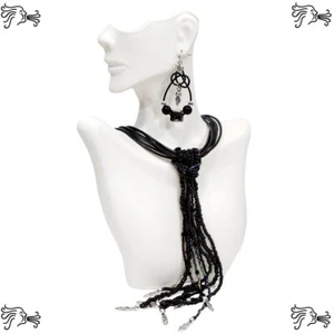 Multistrand Black Leather Choker w Beaded Strands Necklace & Celtic Knot Earring - Picture 1 of 11