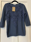 BNWT Cotton Traders China Blue Lace Front Cotton Knit 3/4 Sleeve Jumper UK8