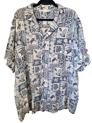 Винтажная гавайская рубашка сделано в США синий и белый рыбак черепаха нефрит моды - Изображение 1 из 4