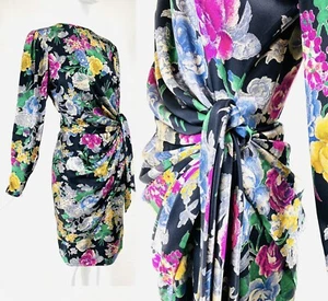 Vintage UNGARO Parallele Paris Silk Floral Faux Wrap Long Sleeve Draped Dress, S - Picture 1 of 11