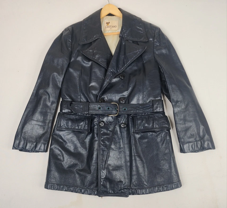 Vtg 70's Leather Jacket Coat Lakeland Double Breasted Belted Mens 42 Disco Mafia - Image 1 of 4