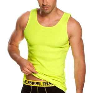 Mens Tradie 2 Pack Sizes S-2XL Fluro Yellow Cotton Rib Singlets Work Tank – 3SC - Picture 1 of 5