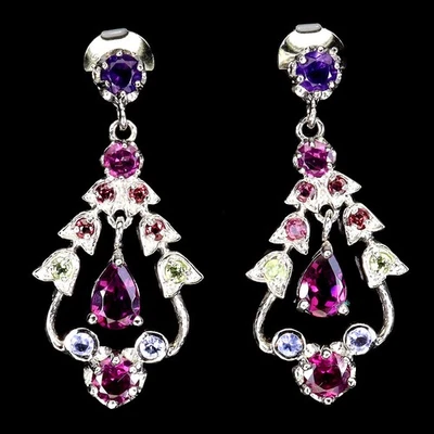 925 Sterling Silver Earrings Pear Rhodolite Garnet Peridot Natural Gemstone Jewe - Image 1 of 4